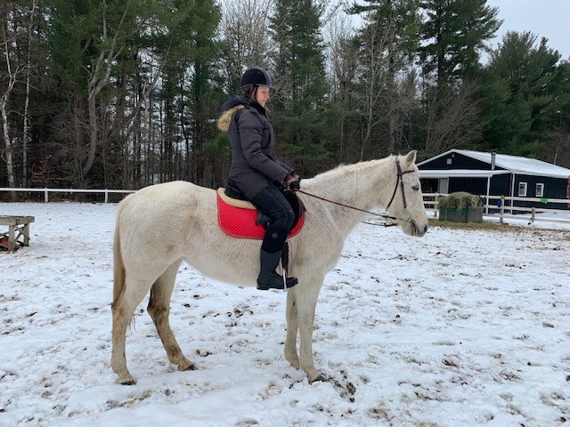 A woman riding a white horse on snowy ground  
