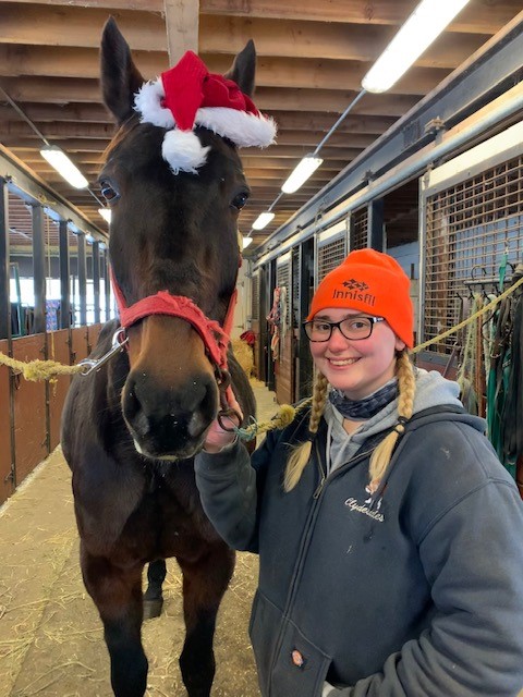 A girl beside a brown horse wearing a Santa hat